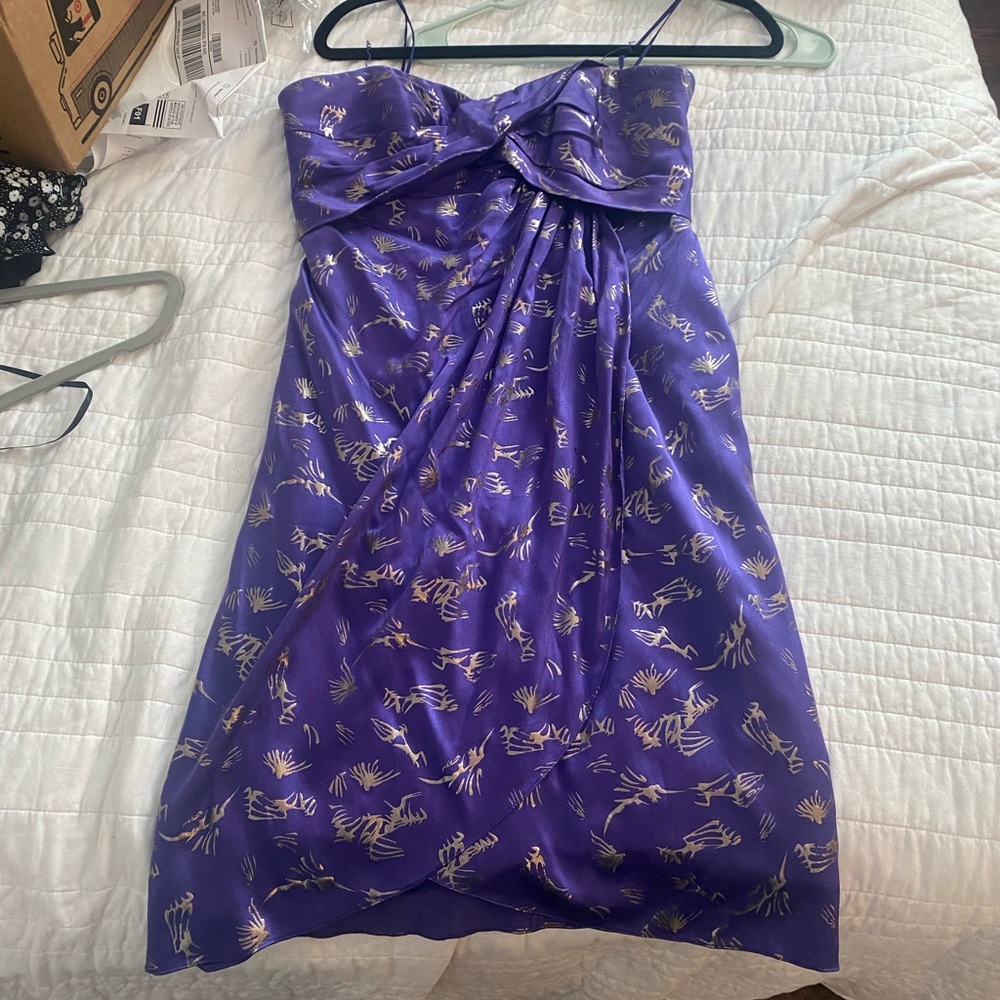 Nicole Miller silk purple gold strapless dress